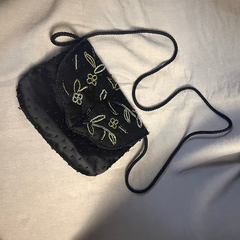 Vintage Beaded Floral Evening Bag Womens Small Black Satin 90s Crossbody Clutch